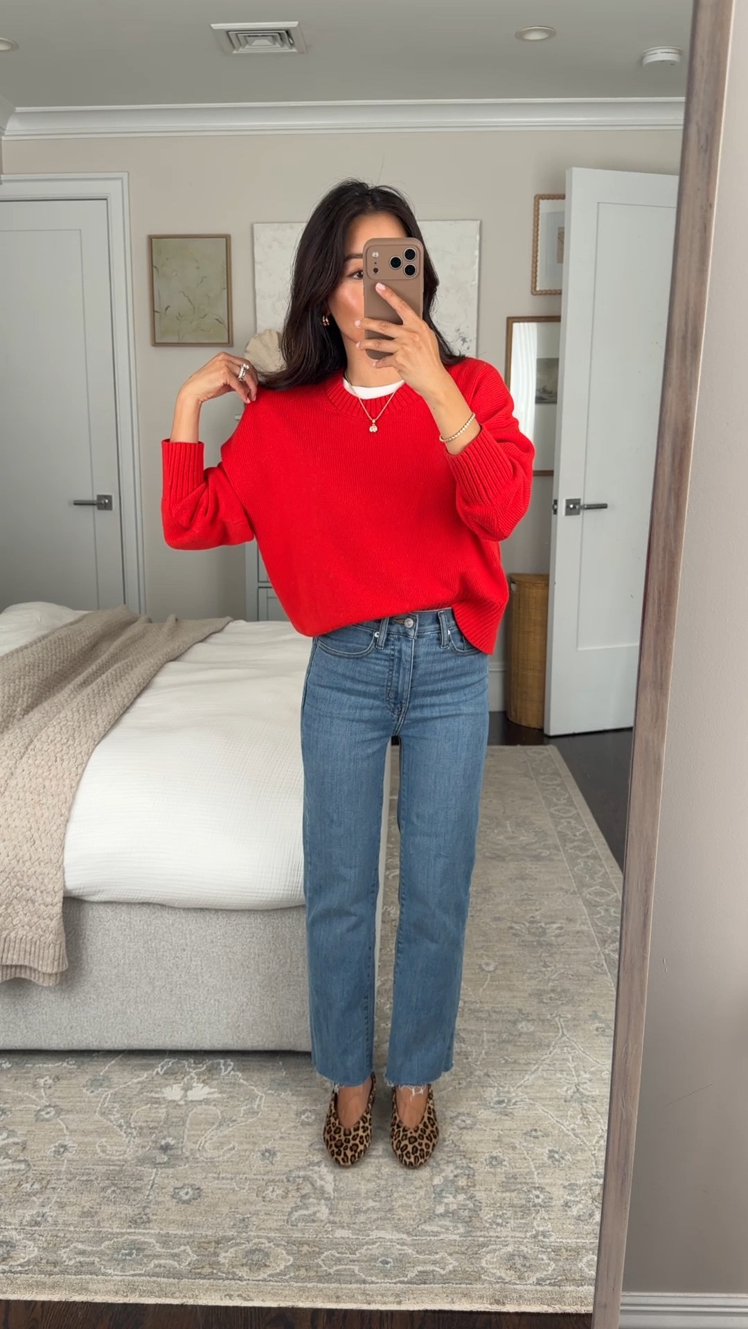 Big Nordstrom sale including jeans linked below!
• Frame jeans 24 Petite “Vega” wash, slim fit on me, I cut the hems half an inch. can size up if betwen sizes
• $45 Quince oversized cotton sweater XS. I shrunk this in washer and dryer on warm. My color is OOS but There’s a new deeper red for fall/winter! If you like the true red, Gap has a super similar one linked below that’s great quality (I get XS petite in Gap for oversized, wider cut semi cropped fit). 
• Everlane tee XS sized up
• Sezane leopard Matilda ballerina flats, love these but FYI I always wear with heel lifts so they don’t rub my ankles 

Designer denim, Transitional fall outfit, petite friendly, easy mom outfit ideas

#LTKPetite #LTKSeasonal #LTKmomlife