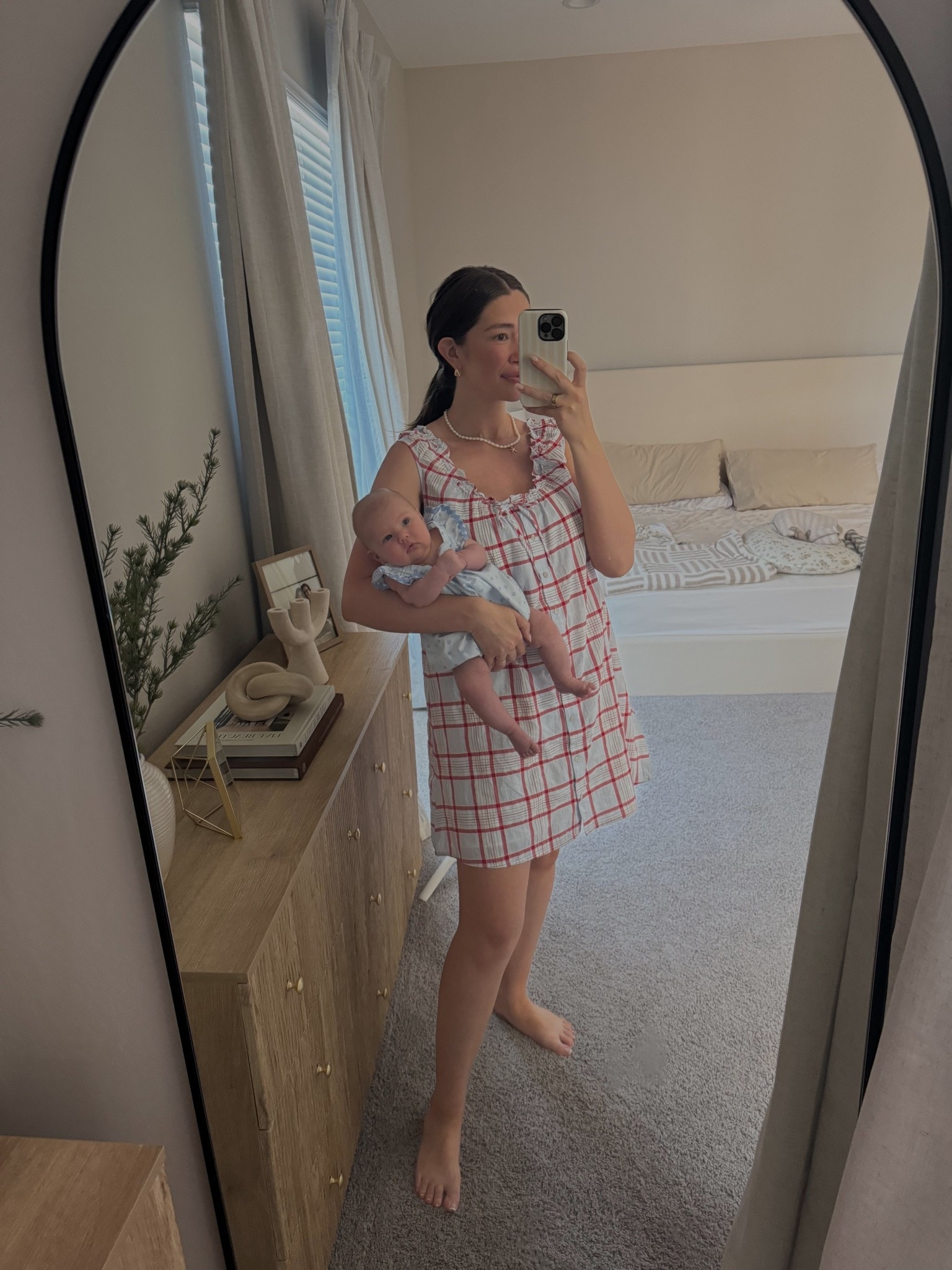 Wearing my true size medium in dress! Breastfeeding and nursing bra friendly! Comes with liner. Baby onesie is out of stock but linked a few other cute options for the fourth!