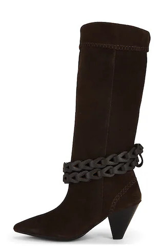 Bridget Belt Slouch Boot in Chocolate Suede | Revolve Clothing (Global)