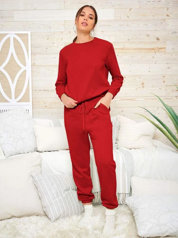 SHEIN Solid Pullover & Drawstring Waist Sweatpants Set | SHEIN