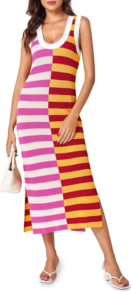 Wenrine Womens Summer Striped Dress Sleeveless Knitted Contrast Color Side Slit Casual Maxi Beach... | Amazon (US)