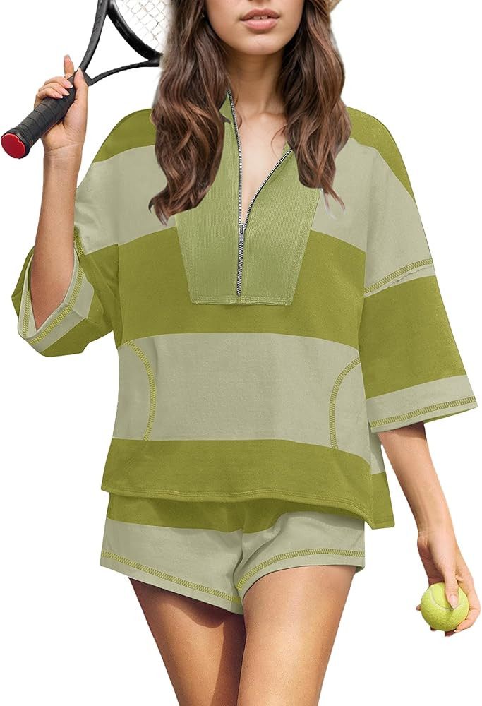 MISSACTIVER Womens 2 Piece Lounge Set Stripe Half Sleeve Oversized Shirts Shorts Summer Two Piece... | Amazon (US)