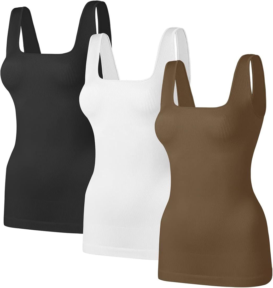 TDIFFUN Women's 3 Piece Shapewear Tank Tops Tummy Control Seamless Ribbed Square Neck Compression... | Amazon (US)