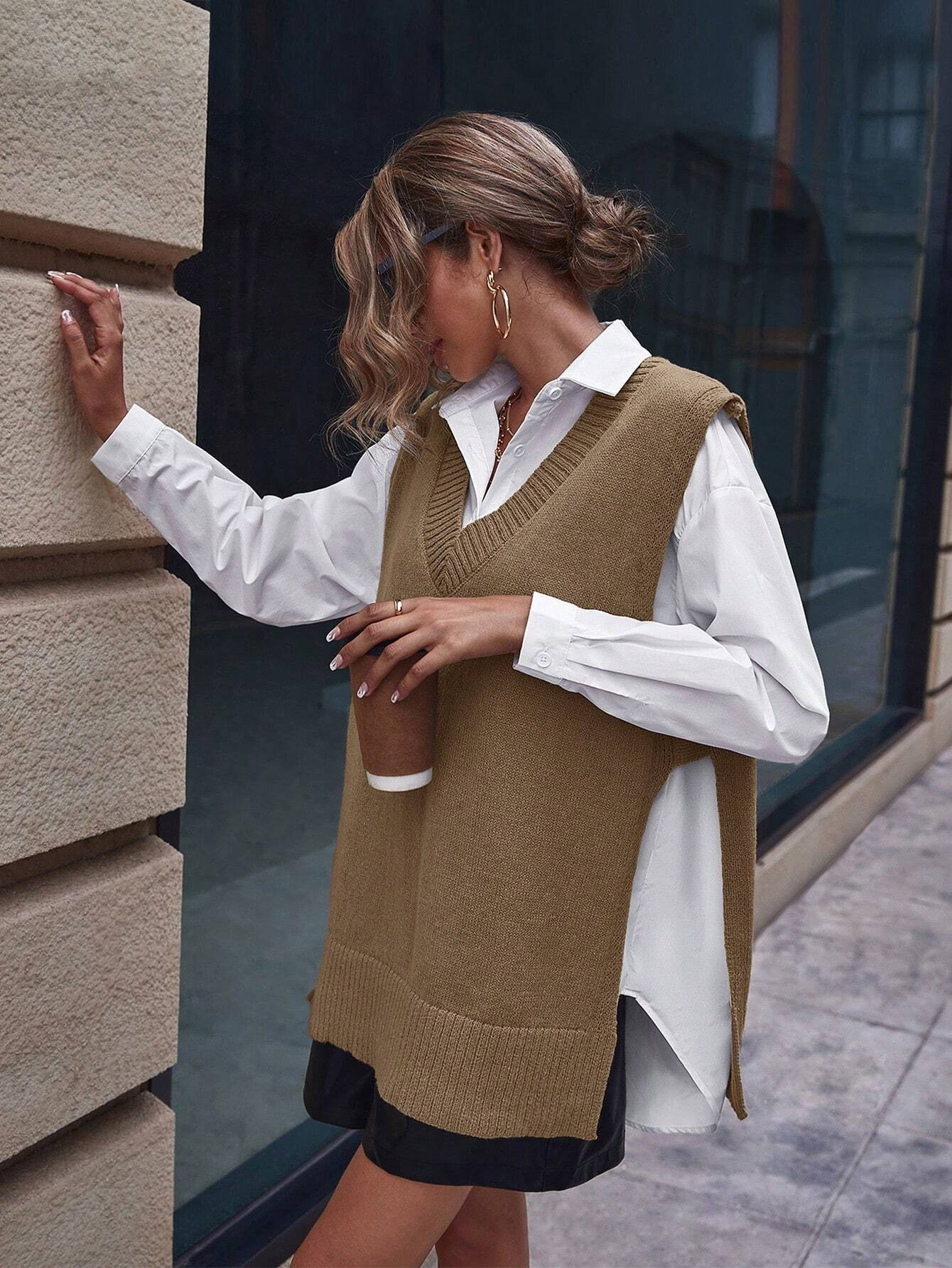 SHEIN Essnce Split Hem Sweater Vest Without Blouse | SHEIN