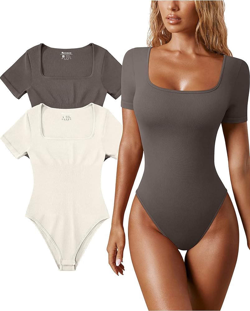 OQQ Women's 2 Piece Bodysuits Sexy Ribbed One Piece Square Neck Short Sleeve Bodysuits | Amazon (US)