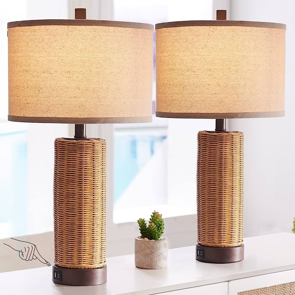 WEWOWYO Rattan Table Lamps for Bedroom Set of 2, 3 Way Dimmable Touch Rustic Natural Nightstand L... | Amazon (US)