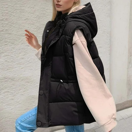 Vest Women Lightweight Snug Women s Vests Solid color thickened hooded Stylish Warm Vest Black XXL | Walmart (US)
