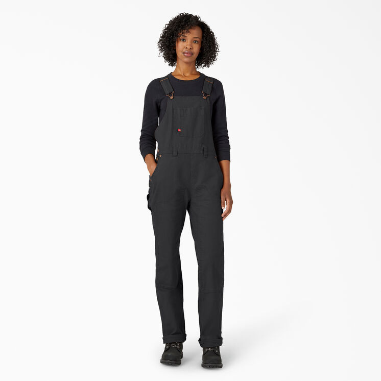 Women's Duck Double Front Bib Overalls, Rinsed Black | Dickies