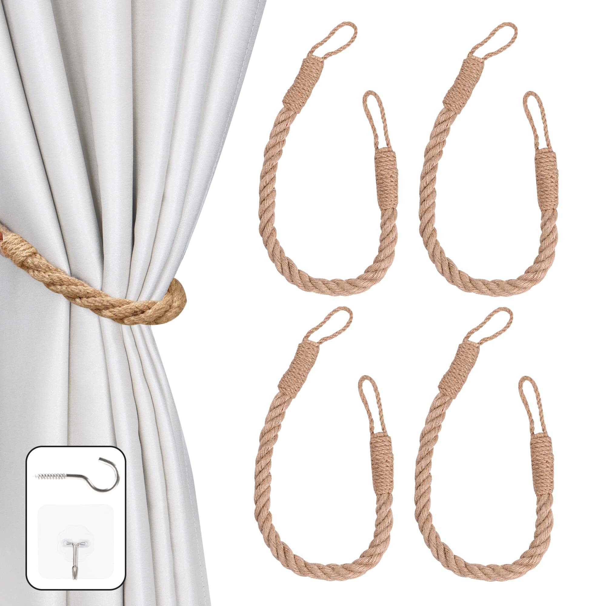 OCIOLI 4-Piece Curtain Tiebacks with Twisted Hemp Rope - Decorative Handmade Holdbacks for Curtai... | Amazon (US)