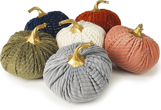 Ogrmar 6 Pack Velvet Artificial Pumpkins Set Silver Velvet Fabric Decoration Pumpkins Lifelike Ha... | Amazon (US)