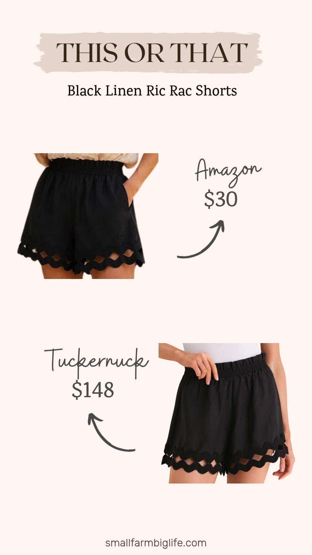 This or that: the Tuckernuck Black Linen Ric Rac Ava Shorts for $148 or the Amazon version for $30? The Tuckernuck version is the original with that beautiful ric rac trim detail and premium linen quality that justifies the investment if you want a piece you will wear for years. But if you love the ric rac and scalloped trim trend and want to try it at a fraction of the price, the Amazon version gives you the same fun wavy hem detail in a relaxed linen fit for under $30. Both are linked so you can decide which works best for your budget right now. Tap to shop! 

 #LTKgrwm #LTKootd #LTKOver40
