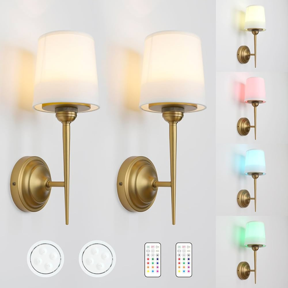 HEQIQEH Set of 2 Vintage Battery Operated Wall Sconces Light Fixture with Remote Control, Funnel ... | Amazon (US)