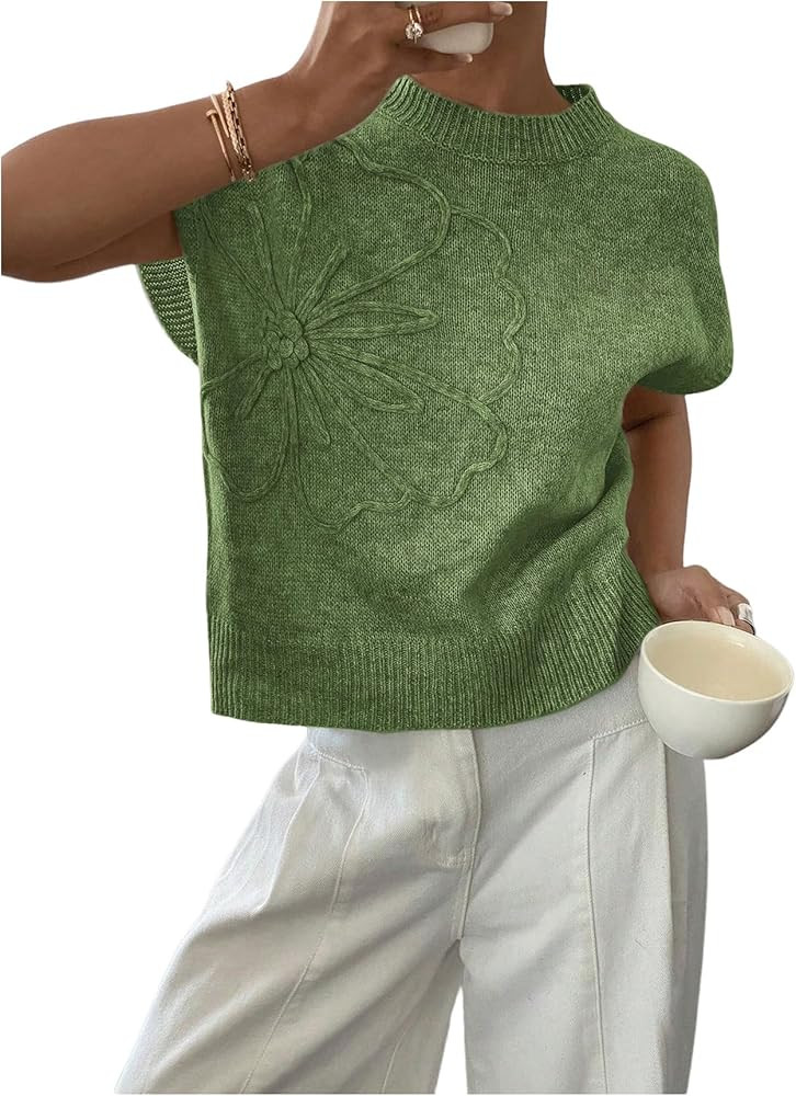 SOLY HUX Women's Ribbed Sweater Crew Neck Short Sleeve Loose Fit Floral Knit Pullover Tops | Amazon (US)