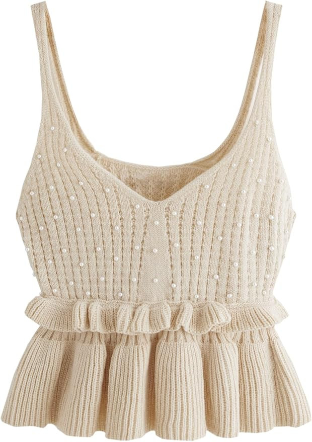 SweatyRocks Women's Casual Knit Top Sleeveless Ruffle Hem V Neck Peplum Crop Tank Top | Amazon (US)