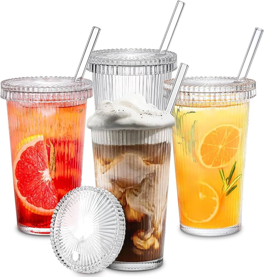 Glass Cups with Lids and Straws, 12 oz Iced Coffee Cup for Coffee Bar Accessories, Ribbed Glasses... | Amazon (US)