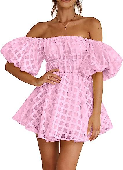 PRETTYGARDEN Women's Off The Shoulder Babydoll Dress Short Puff Sleeve Casual A Line Ruffle Summe... | Amazon (US)