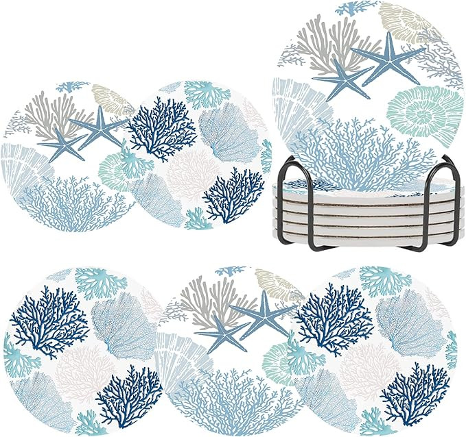 Nautical Coastal Coasters for Drinks Set of 6,Round Absorbent Ceramic Stone Coaster with Metal Ho... | Amazon (US)