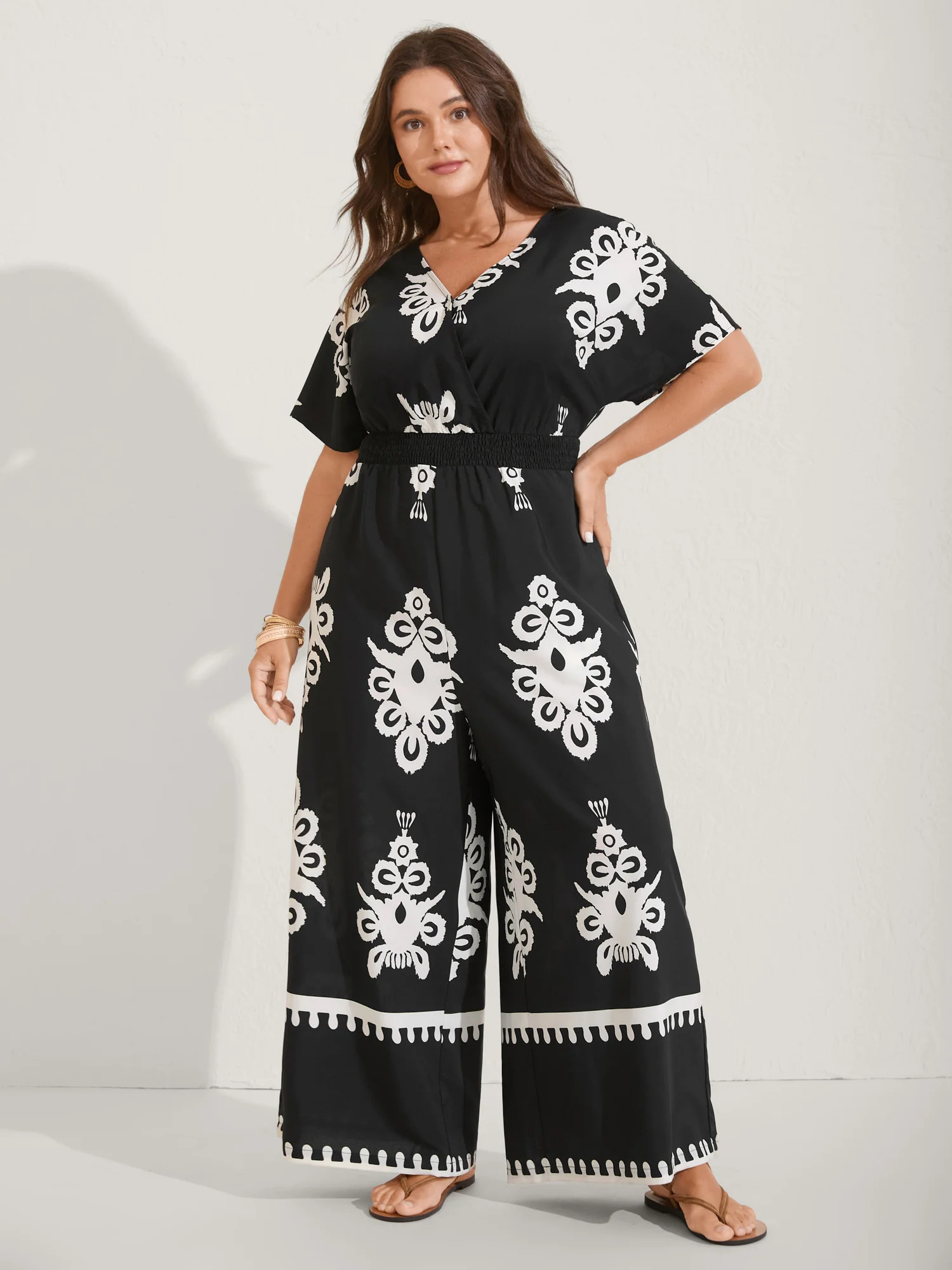 Boho Print Shirred Waist Surplice Jumpsuit | Bloomchic