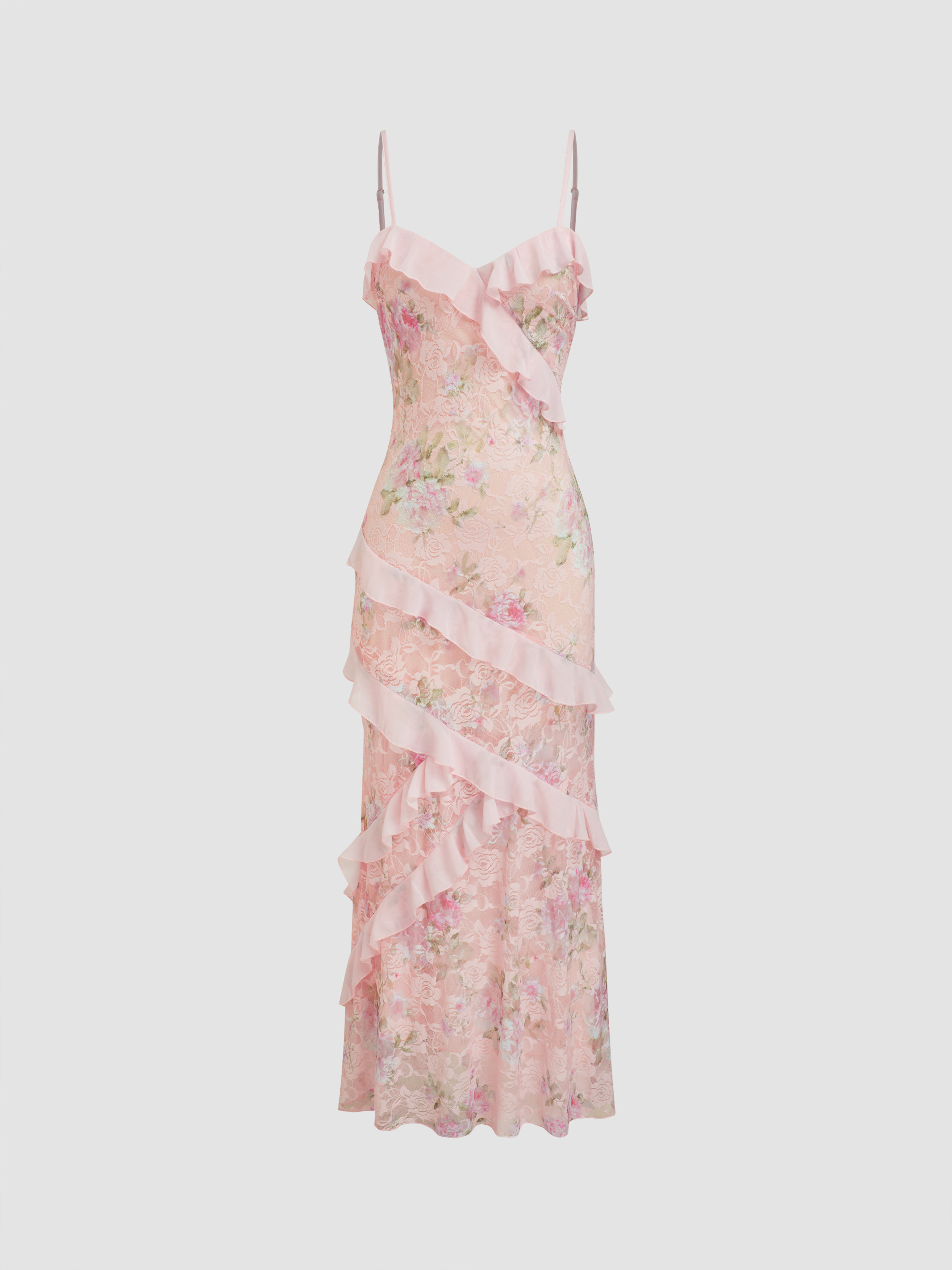 Lace Lace V-neck Floral Ruffle Maxi Dress For Vacation | Cider