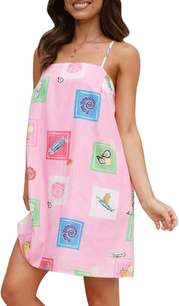Muineobuka Women Boho Graffiti Cami Mini Dress Spaghetti Strap Colorful Flowy Seashell Fish Print... | Amazon (US)