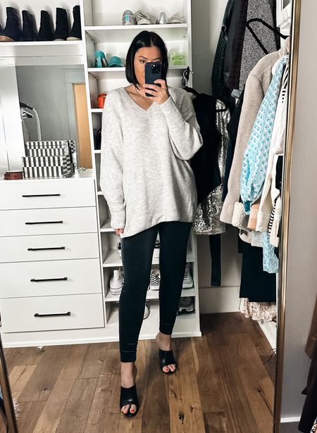 You’ve seen this outfit on the blog but pretend it’s the first time you’re seeing it, k? This sweater is e v e r y t h i n g. It’s soft, cozy, not itchy. I mean she has it all! I sized up to a large, not needed but I wanted to that extra slouchy, loose tunic length look. Especially with Spanx leggings, i like a tunic. 

Okay so these velvet leggings surprised the hell out of me. They are SO flattering. I don’t typically find Spanx necessarily flattering but these actually are. They fit the exact same as the faux leather leggings. I like to size up, but you don’t have to. I am in the large. Fit is TTS. A really nice little holiday nod (holi-nod) if you want to be festive but not obnoxious. 