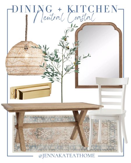 Neutral coastal dining and kitchen area home decor, including rattan light fixture, Pottery Barn table, white chairs, runner rug, faux olive branches, large mirror, gold fixtures for cabinets 

#LTKhome