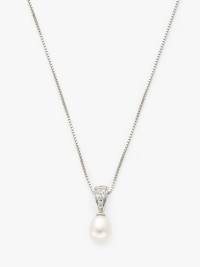 LidoPearls Triangular Cubic Zirconia and Freshwater Pearl Pendant Necklace, Silver/White | John Lewis (UK)