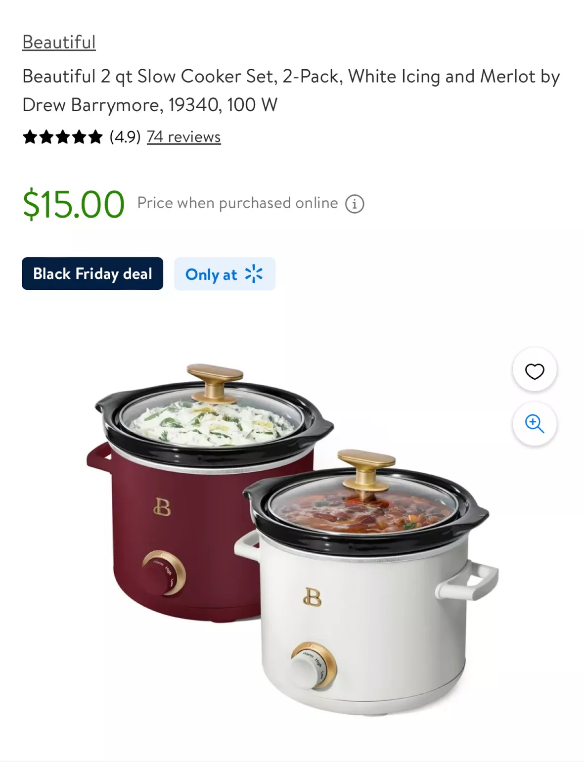 Beautiful 2 qt Slow Cooker Set, 2-Pack, White Icing and Merlot by Drew  Barrymore, 19340, 100 W 