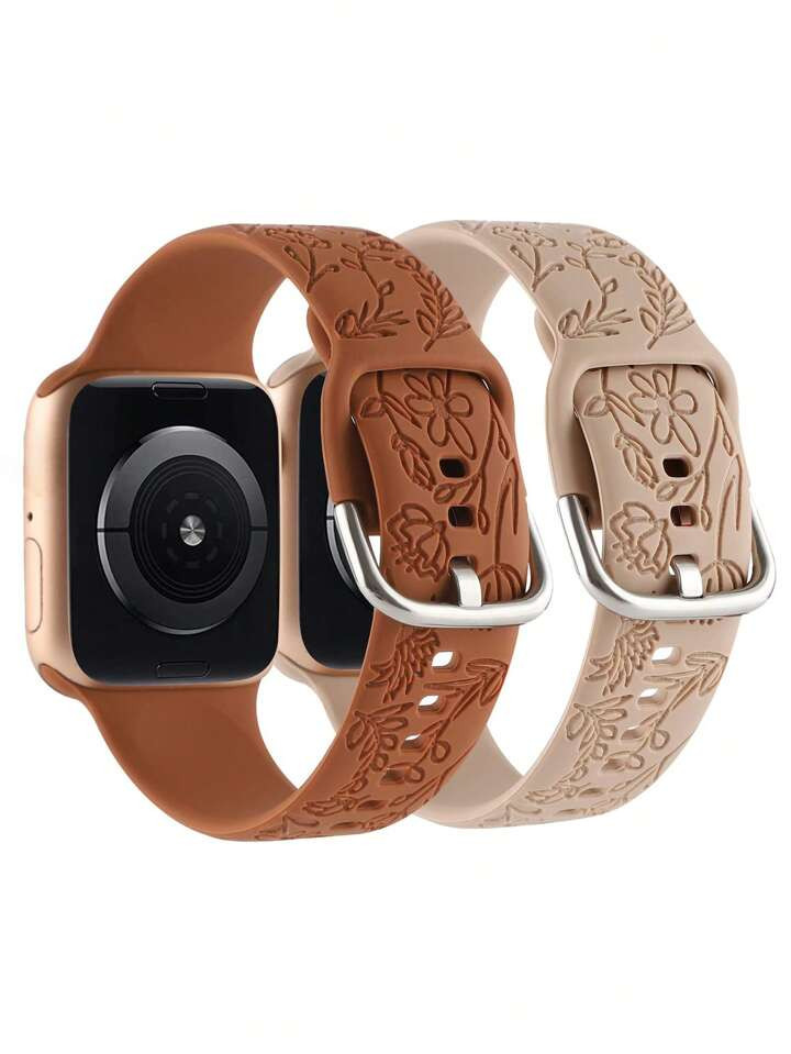 2pcs Floral Embossed Sport Strap Silicone WatchBand Compatible With Apple Watch Band 38mm 40mm 41... | SHEIN
