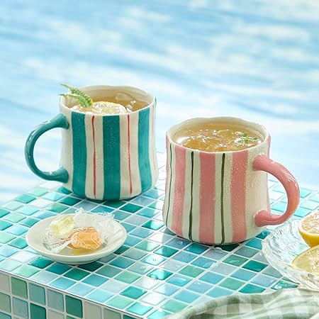 Striped Ceramic Coffee Mugs Set of 2, Pink and Green Stackable Stoneware Mugs for Morning Coffee,... | Amazon (US)