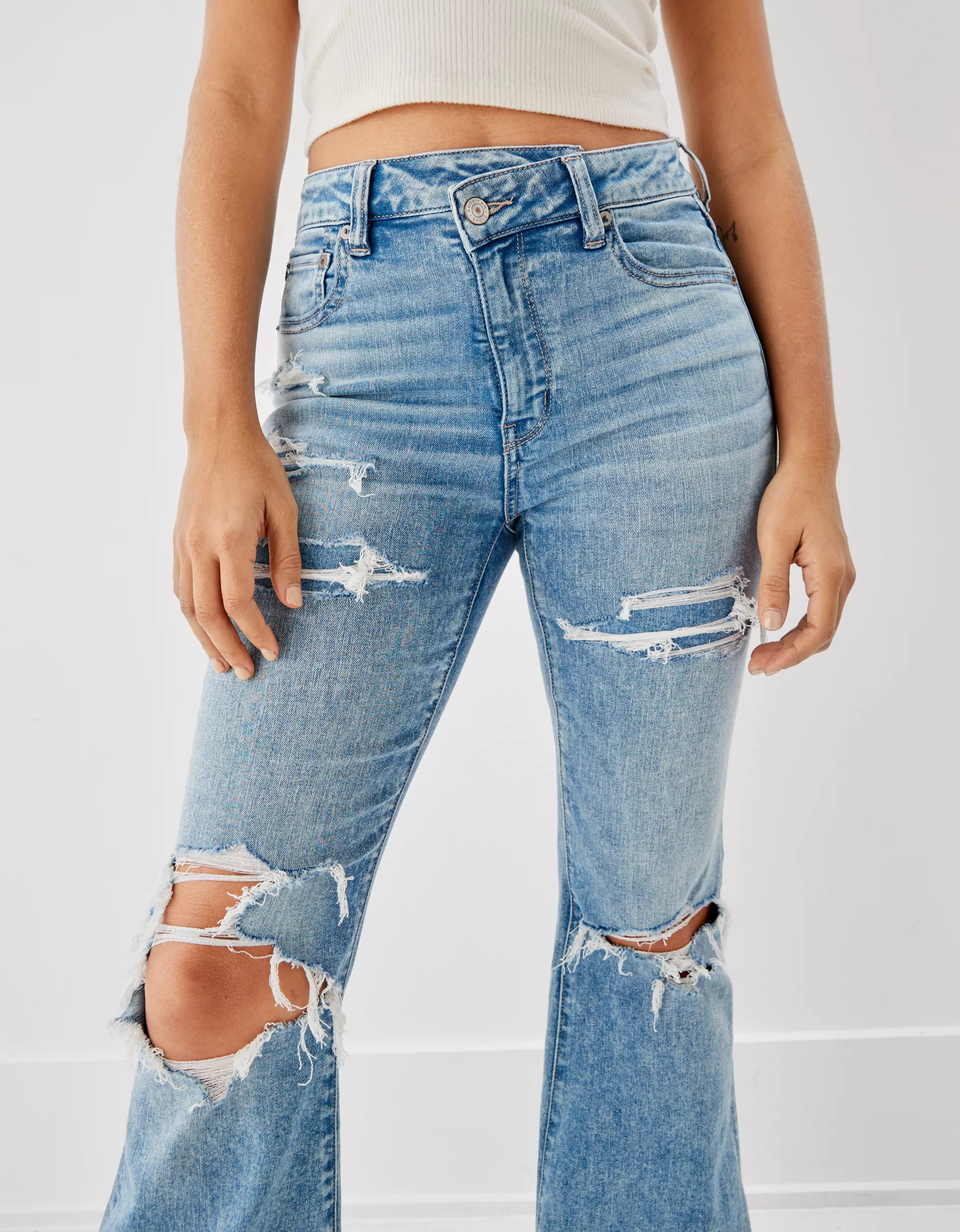 AE Ne(x)t Level Ripped Super High-Waisted Flare Jean | American Eagle Outfitters (US & CA)