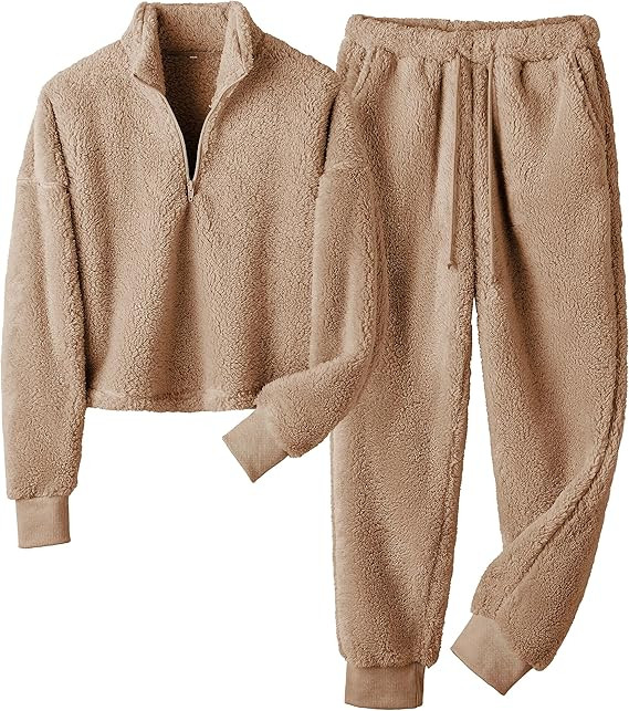 Springrain Womens Fluffy Pajamas Set Winter Warm Fleece Pjs Set Fuzzy Lounge Set Sherpa Sleepwear | Amazon (US)