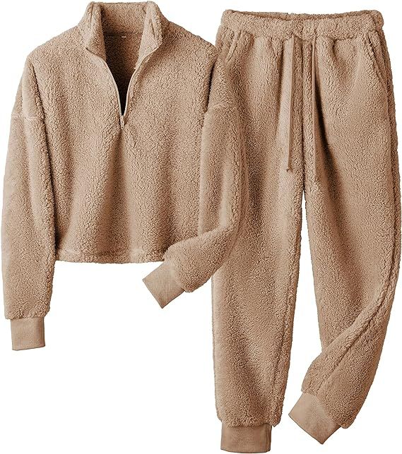 Springrain Womens Fluffy Pajamas Set Winter Warm Fleece Pjs Set Fuzzy Lounge Set Sherpa Sleepwear | Amazon (US)