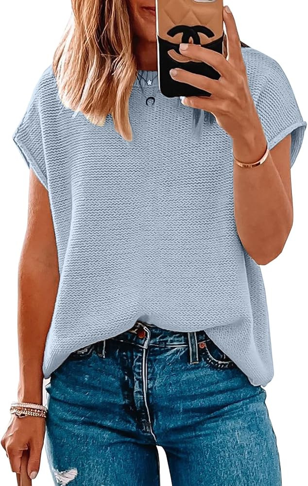 Women Short Sleeve Sweater Tops Spring 2025 Sleeveless Sweater Vest Casual Knit Cap Sleeve Sweate... | Amazon (US)