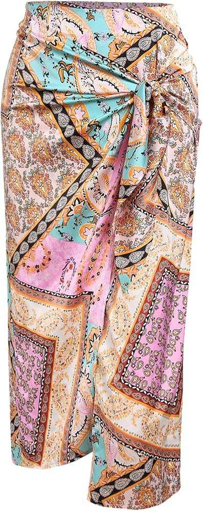 ZAFUL Women's Sarong Coverups Boho Floral Beach Wrap Skirt High Wasit Tie Knot Side Zipper Bikini... | Amazon (US)