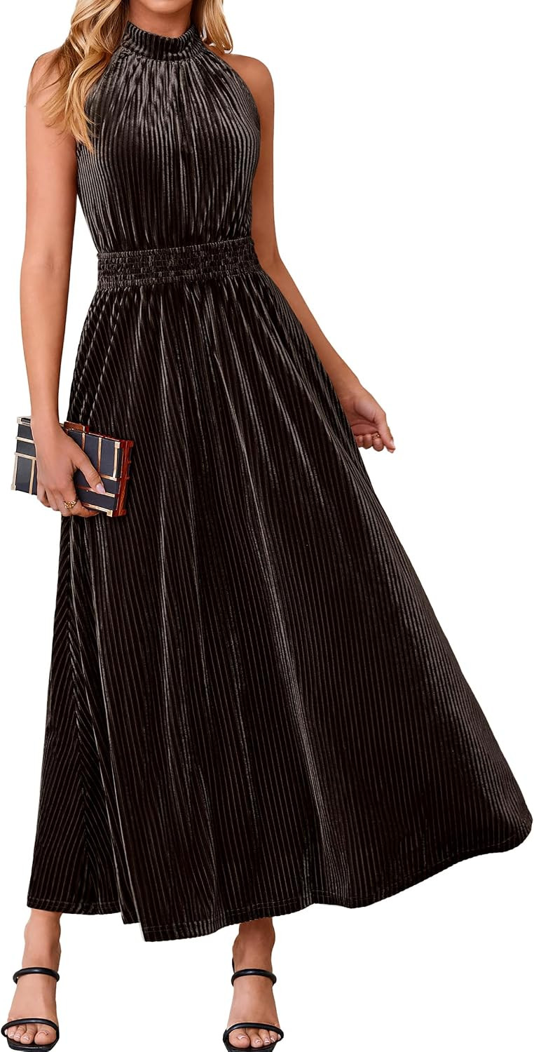Simplee Womens Velvet Elegant Halter Neck Semi Formal Wedding Guest Dresses | Amazon (US)