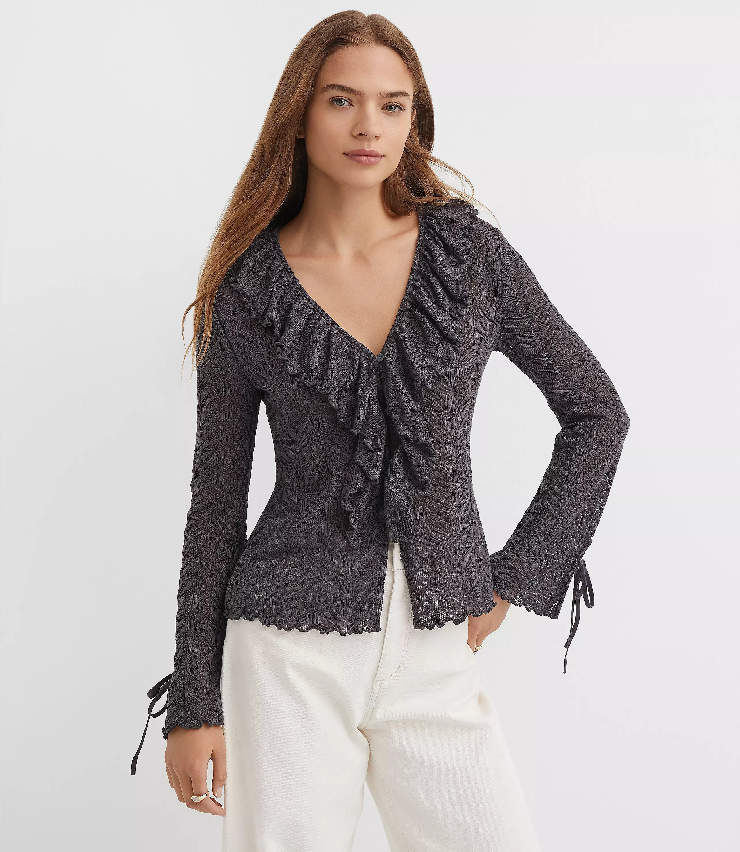 Pointelle Ruffle Tie Cuff Top | LOFT