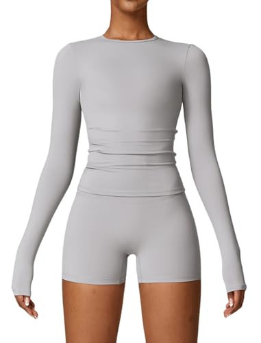 Womens Workout Sets Two Piece Long Sleeve Crop Top Matching Tummy Control High Waist Biker Shorts Set 2 Piece For Women Fall Winter Gym Yoga Active Wear Outfits Athletic Work Out Clothes Grey S | Amazon (US)