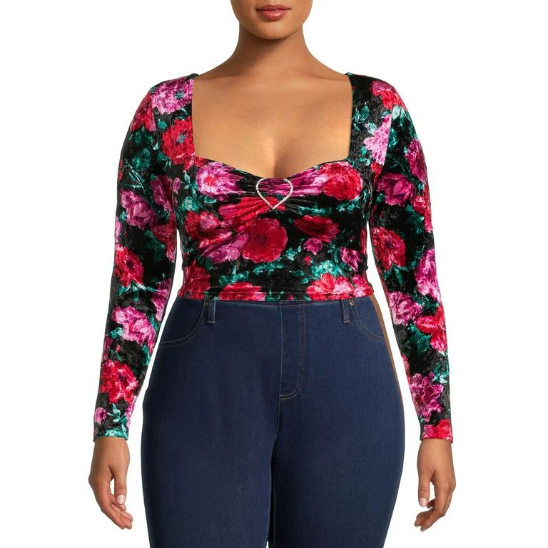 Madden NYC Women's Plus Size Cropped Velour Top with Rhinestone Heart | Walmart (US)
