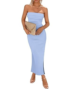 PRETTYGARDEN Women's Summer Bodycon Maxi Tube Dress Ribbed Strapless Side Slit Long Going Out Cas... | Amazon (US)