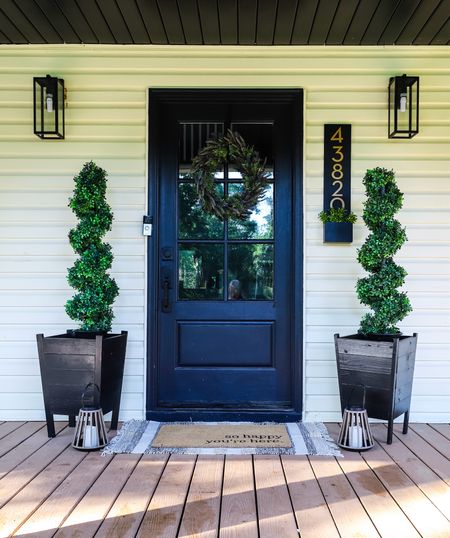 Front porch refresh: front door decor, front door wreath, address plaque, artificial outdoor trees, doormat 

#LTKStyleTip #LTKHome #LTKSeasonal
