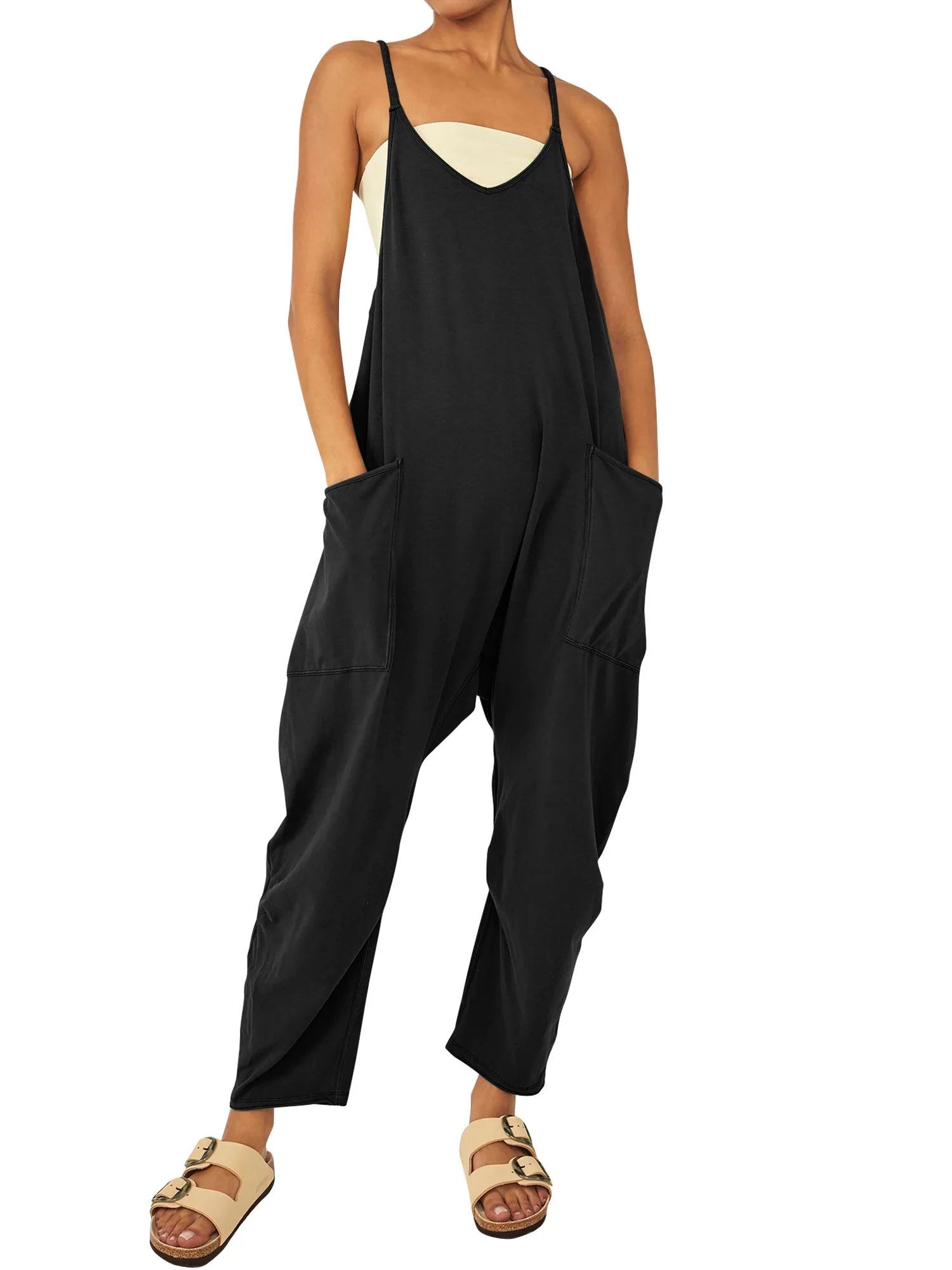 STARVNC Women Solid Color V Neck Sleeveless Pockets Jumpsuit | Walmart (US)