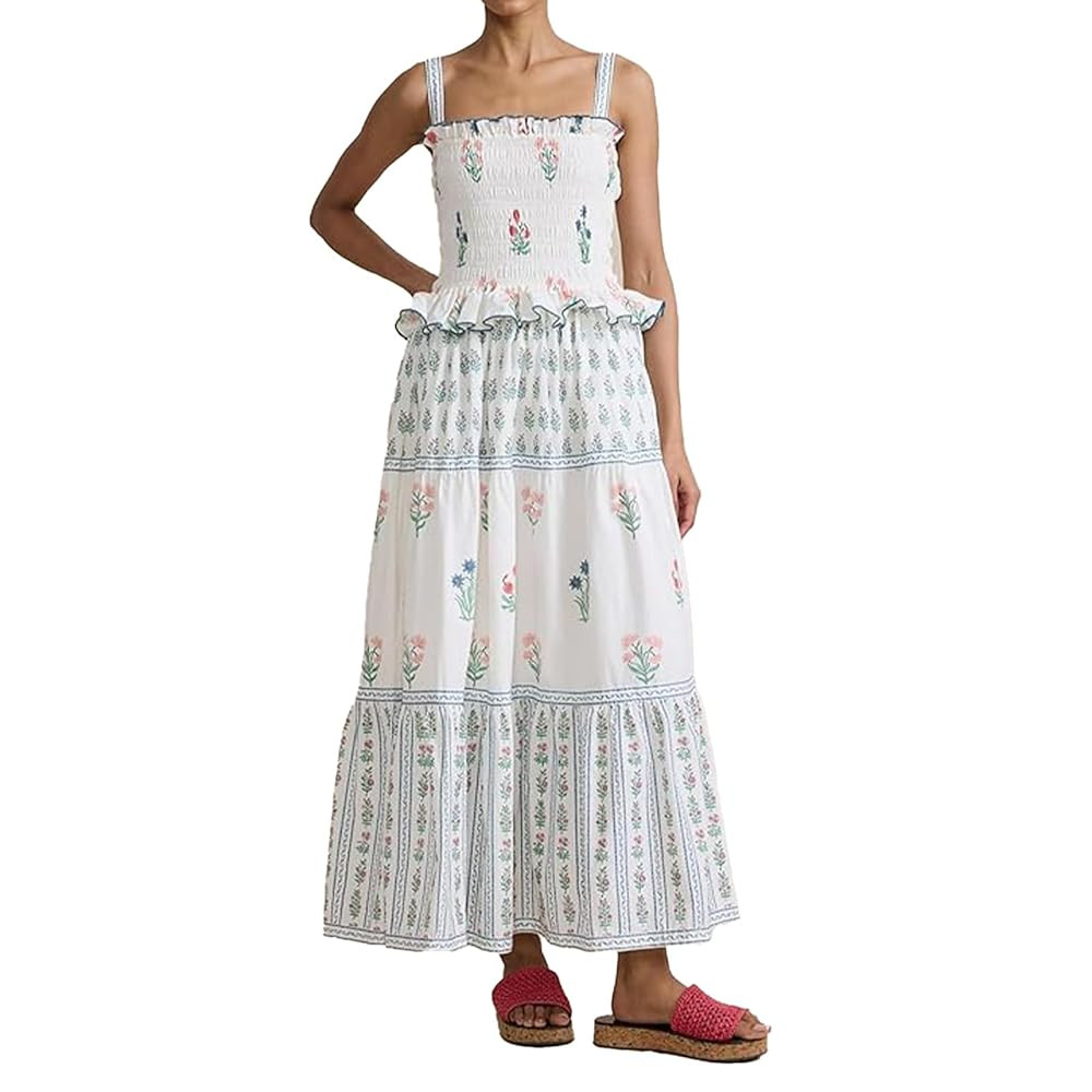 Women Floral Maxi Dress Sleeveless Smocked Ruffle Flowy Boho Sundress with Pockets Summer Vacatio... | Amazon (US)
