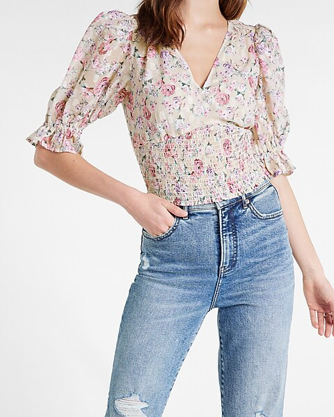 Floral V-Neck Smocked Cropped Top | Express