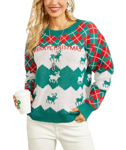 Fashionme Ugly Christmas Sweaters for Women Funny Cute Jumpers Tops Shirts Funny Vintage Winter Chunky Xmas Sweater Soft Holiday Reindeer Argyle Print Green White | Amazon (US)