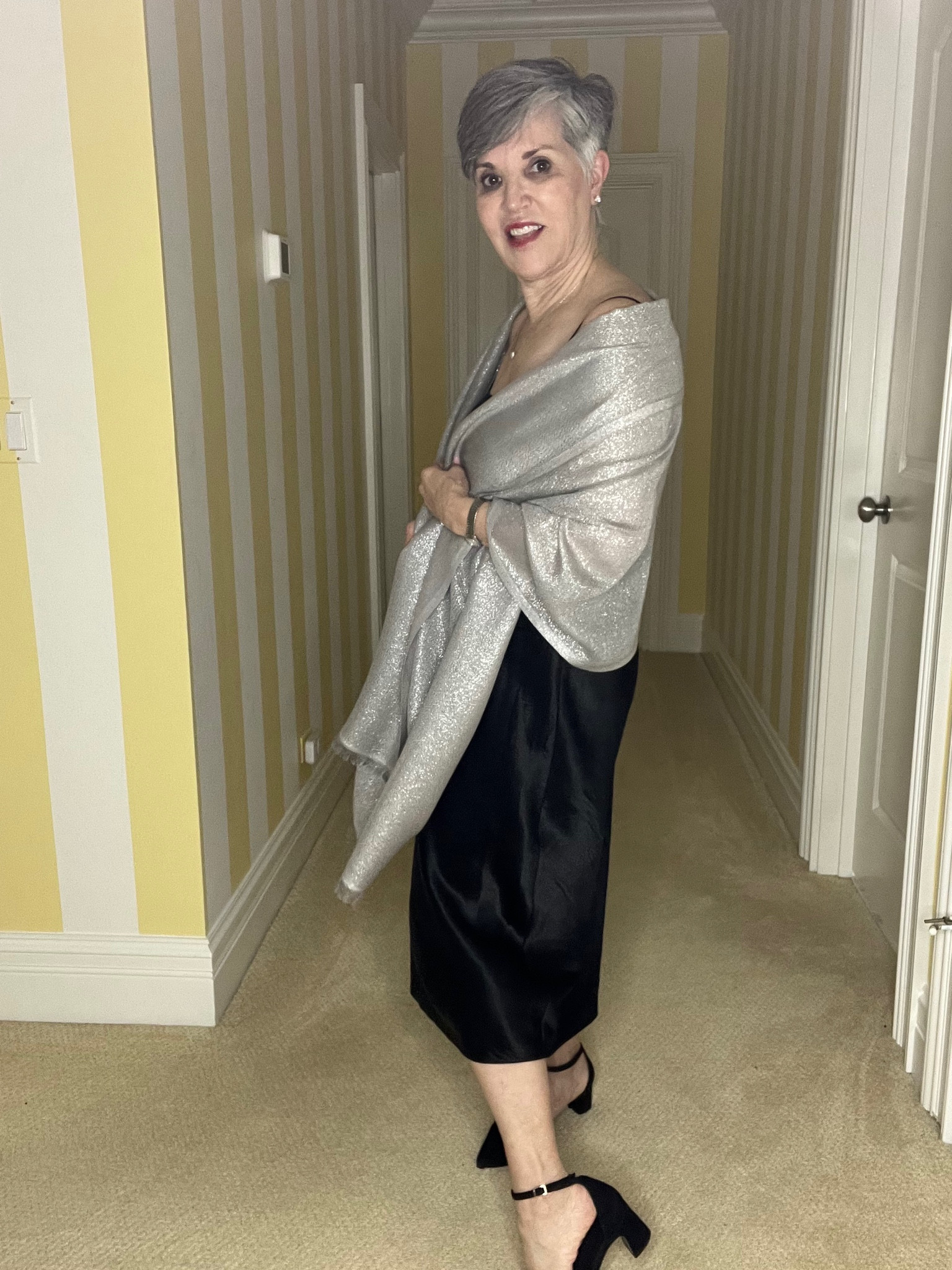 Great satin @vince slip dress (low in stock so another great option below ⬇️), black D’orsay pumps, silver pashmina. #ltk wedding #ltkblacktie
#slipdress
#vince
#ltkstyletip#LTKMostLoved 

#LTKover40 #LTKfindsunder50