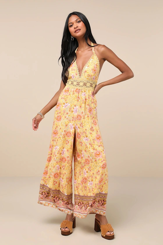 Blissful Presence Yellow Floral Crochet Lace Halter Jumpsuit | Lulus