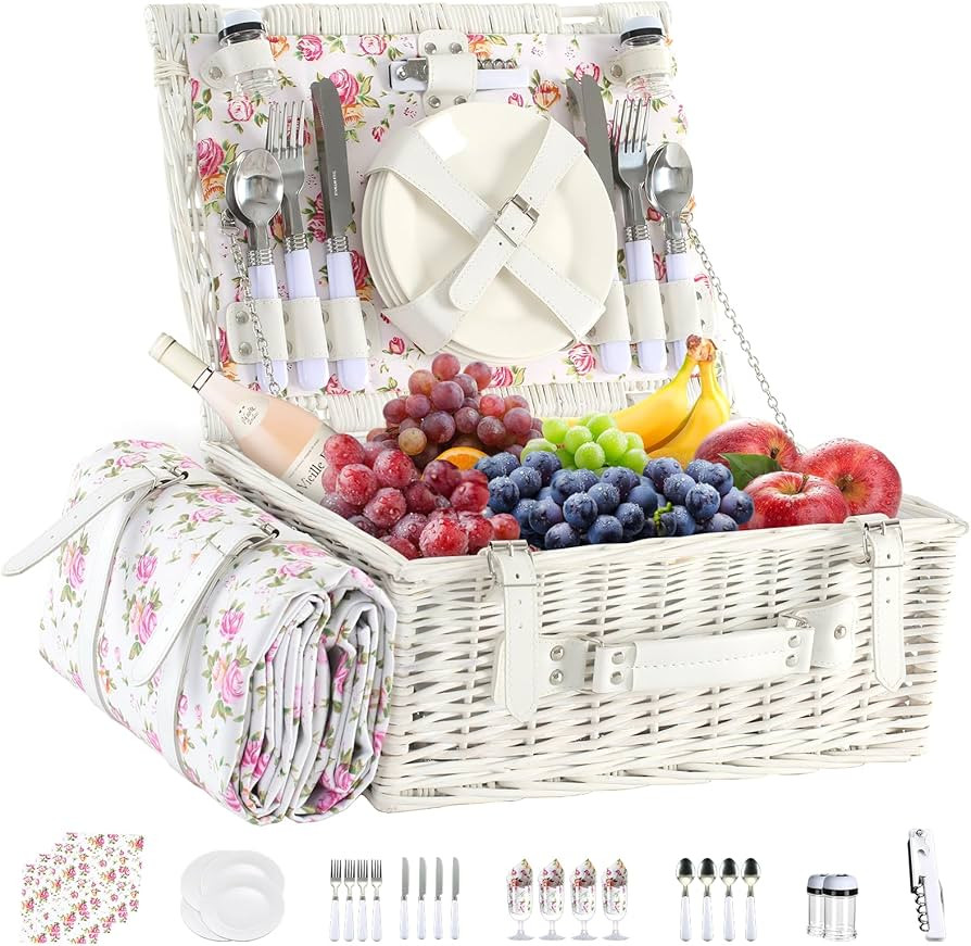 Picnic Basket Set for 4 with Waterproof Picnic Blanket and Insulated Cooler, Large Wicker Picnic ... | Amazon (US)