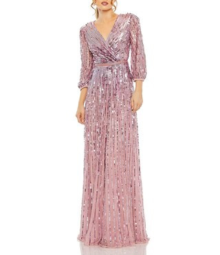 Sequin Surplice V-Neck 3/4 Sleeve Embellished A-Line Gown | Dillard's