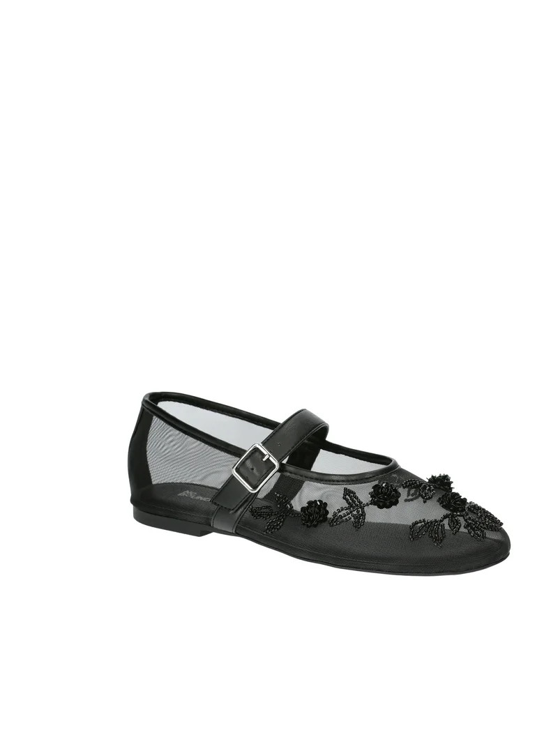 No Boundaries Beaded Mesh Mary Jane Flats, Women's | Walmart (US)